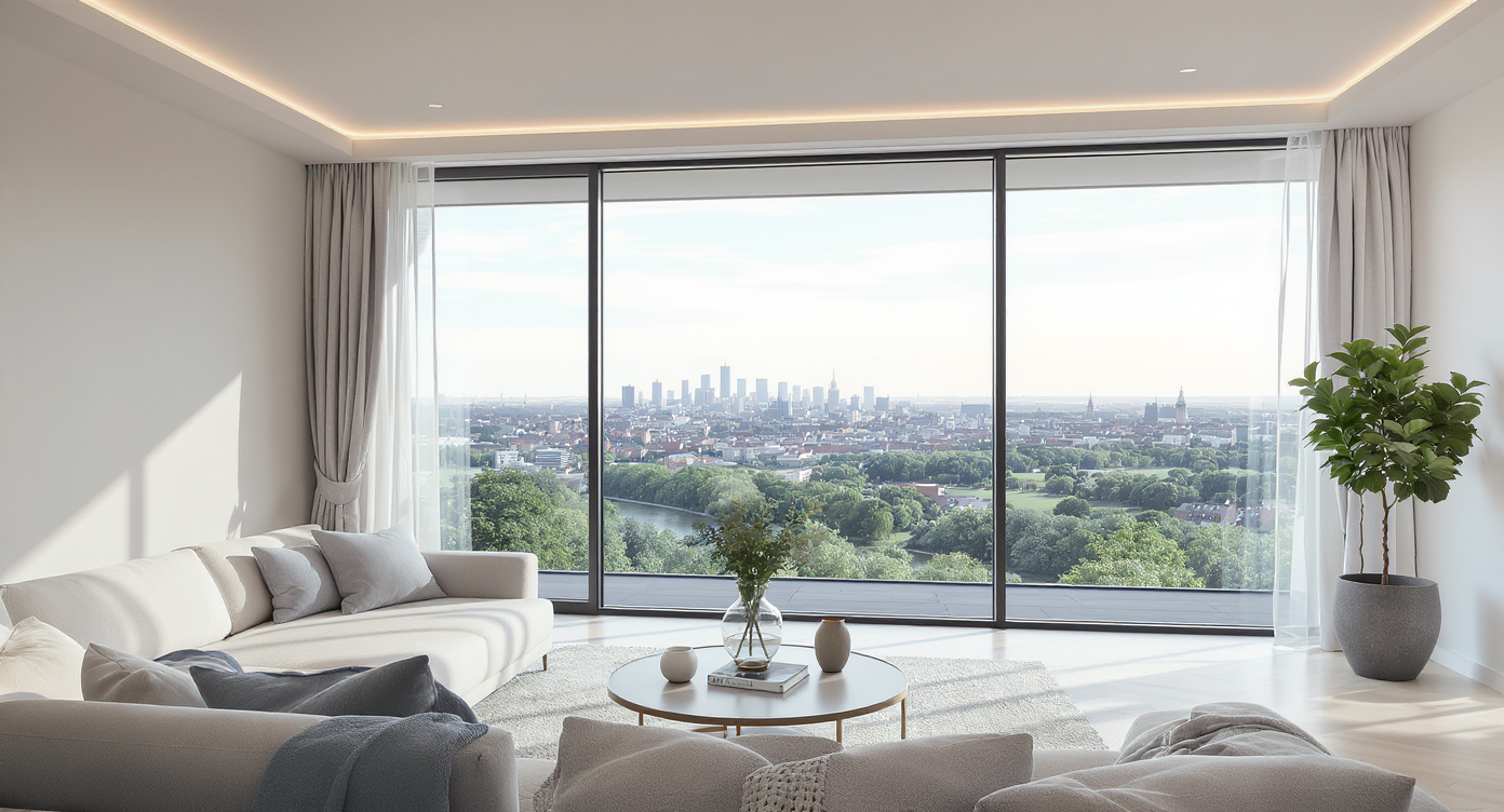Modernes Wohnzimmer mit großem Fenster, Blick auf städtische Skyline und grüne Landschaft, eingerichtet mit Sofa, Couchtisch und Pflanze.