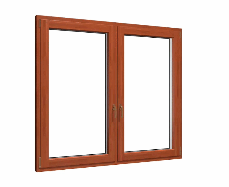 Ein Fenster mit zwei klaren Scheiben und einem braunen Rahmen.