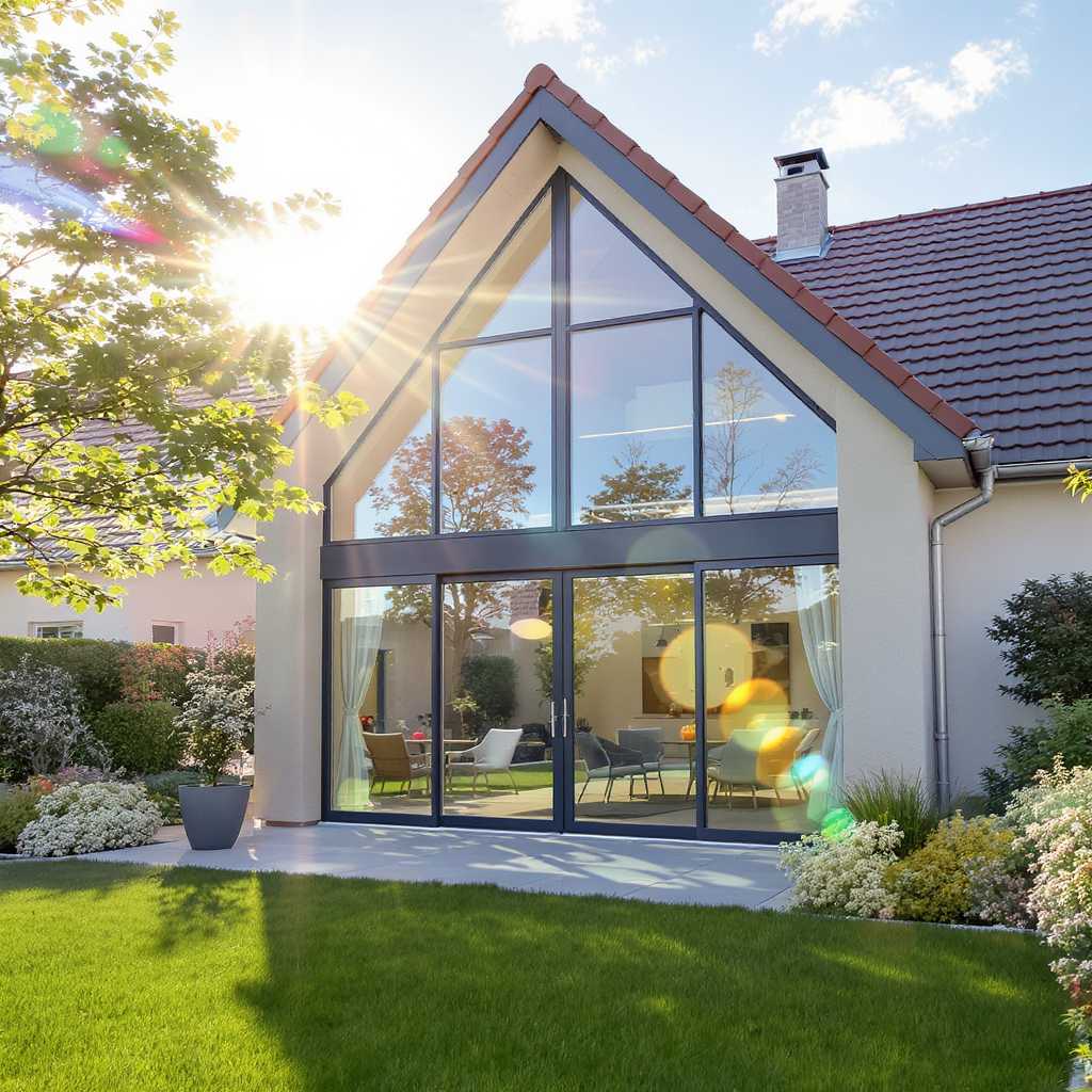 Ein modernes Haus mit großen Fenstern und einer gepflegten grünen Umgebung im Sonnenlicht.