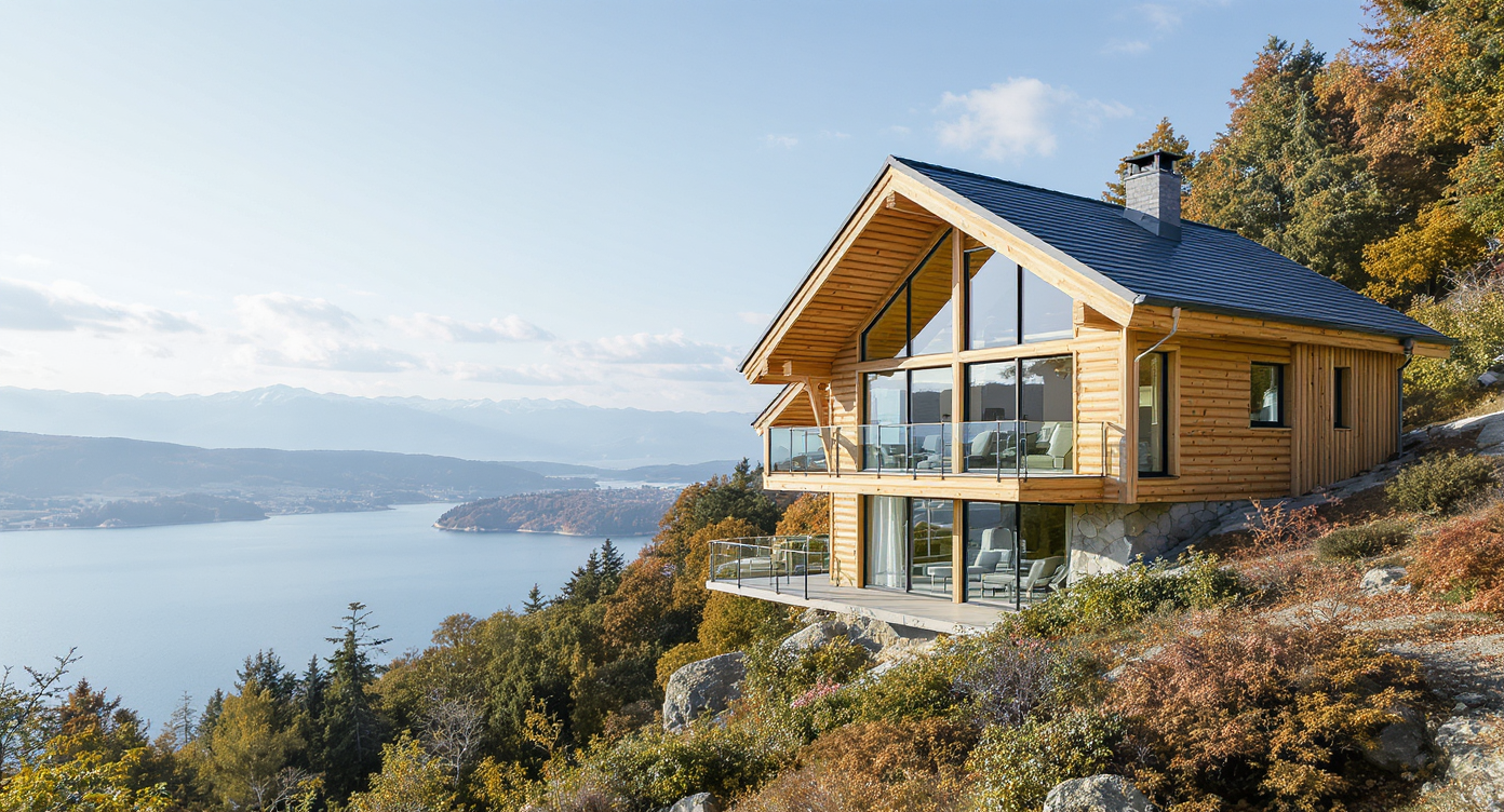 Moderne Holzhütte mit großem Fenster und Balkon, die auf einem bewaldeten Hügel steht und einen atemberaubenden Blick auf einen See und Berge bietet.
