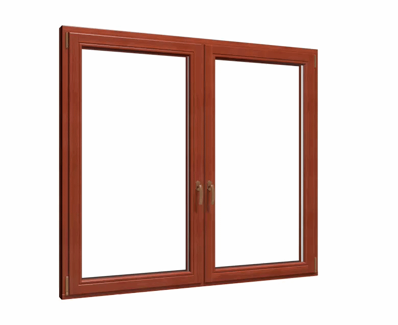 Ein rotes Doppelfenster mit goldfarbenen Griffen und Rahmen.