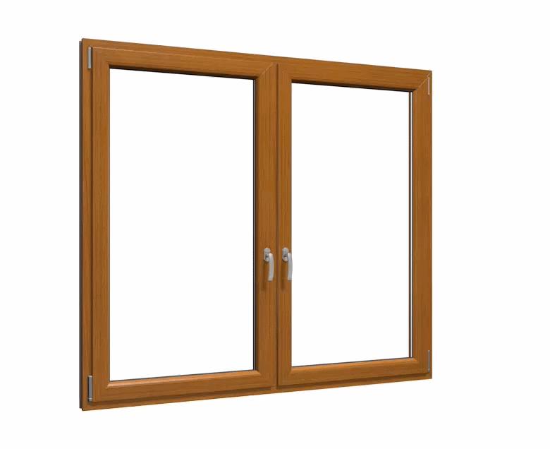 Ein Fenster mit zwei klaren Glasscheiben und einem braunen Holzrahmen, versehen mit weißen Griffen.