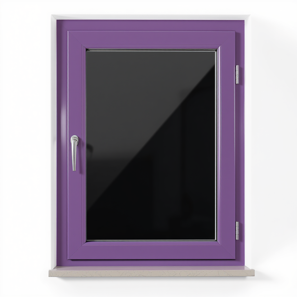 Ein lila Fenster mit einem schwarzen Glasfenster und einem silbernen Griff.