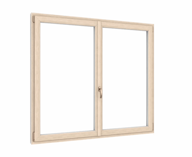 Ein zweiflügeliges Fenster mit hellbraunem Holzrahmen und klaren Scheiben.