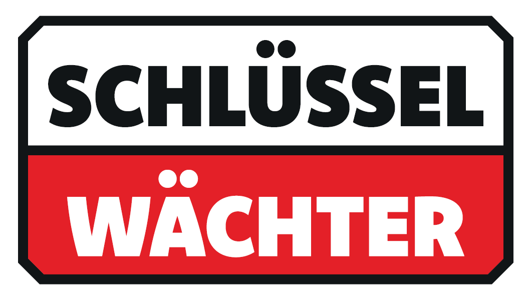 Ein Logo mit dem Text "SCHLÜSSEL" in schwarzer Schrift auf weißem Hintergrund und "WÄCHTER" in weißer Schrift auf rotem Hintergrund.