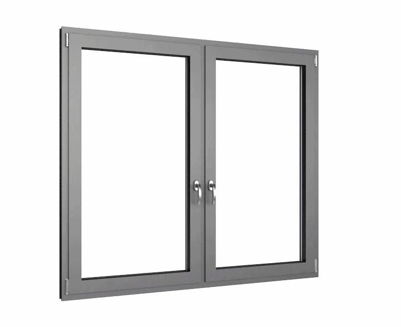 Ein graues Doppelfenster mit zwei klaren Scheiben und silbernen Griffen.