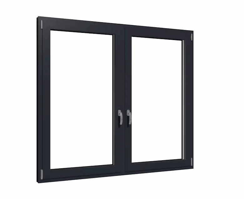 Ein Fenster mit zwei klaren Scheiben und einem schwarzen Rahmen, das mit zwei silbernen Griffen versehen ist.