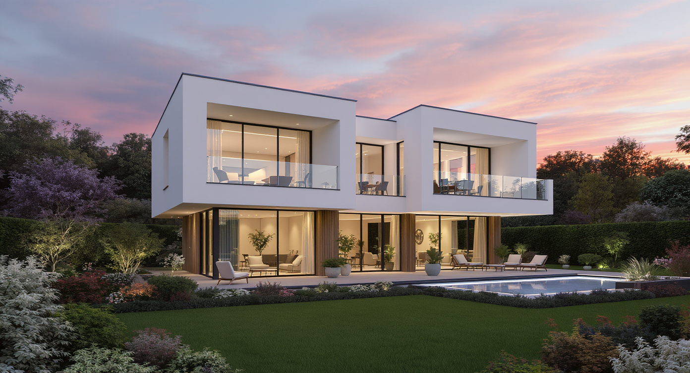 Moderne Villa mit großflächigen Fenstern, Terrasse und Pool im Abendlicht.