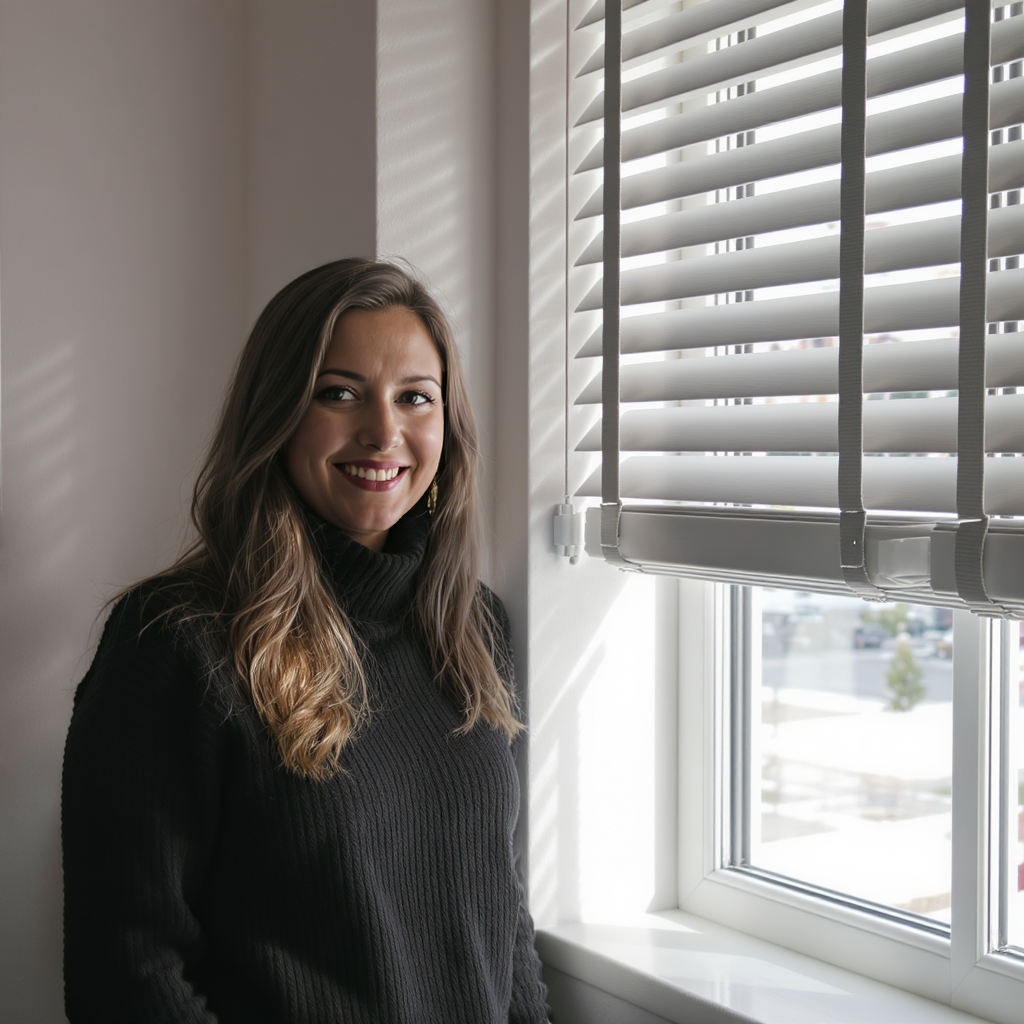 Eine lächelnde Frau mit langen Haaren steht neben einem Fenster mit Jalousien, das Tageslicht hereinlässt.