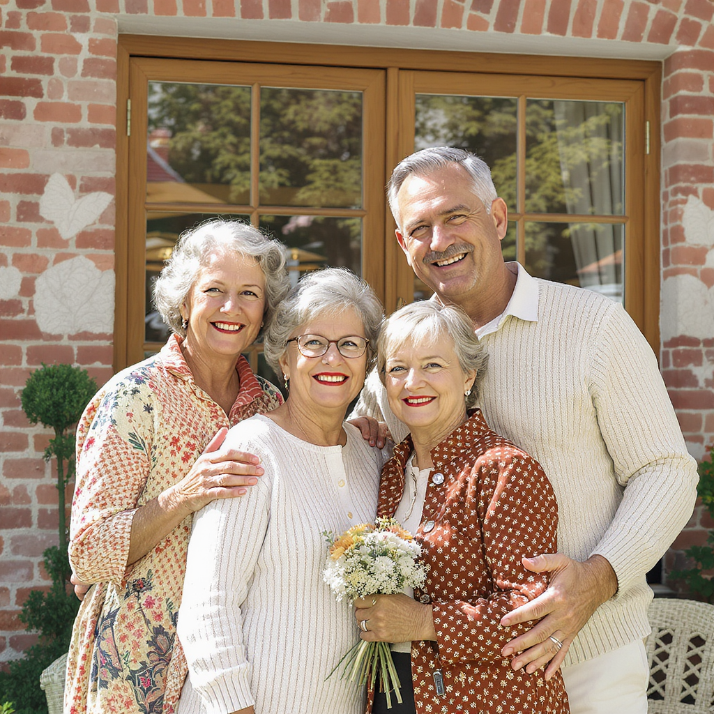 Vier ältere Menschen stehen lächelnd vor einem Haus, wobei eine Frau einen Blumenstrauß hält.