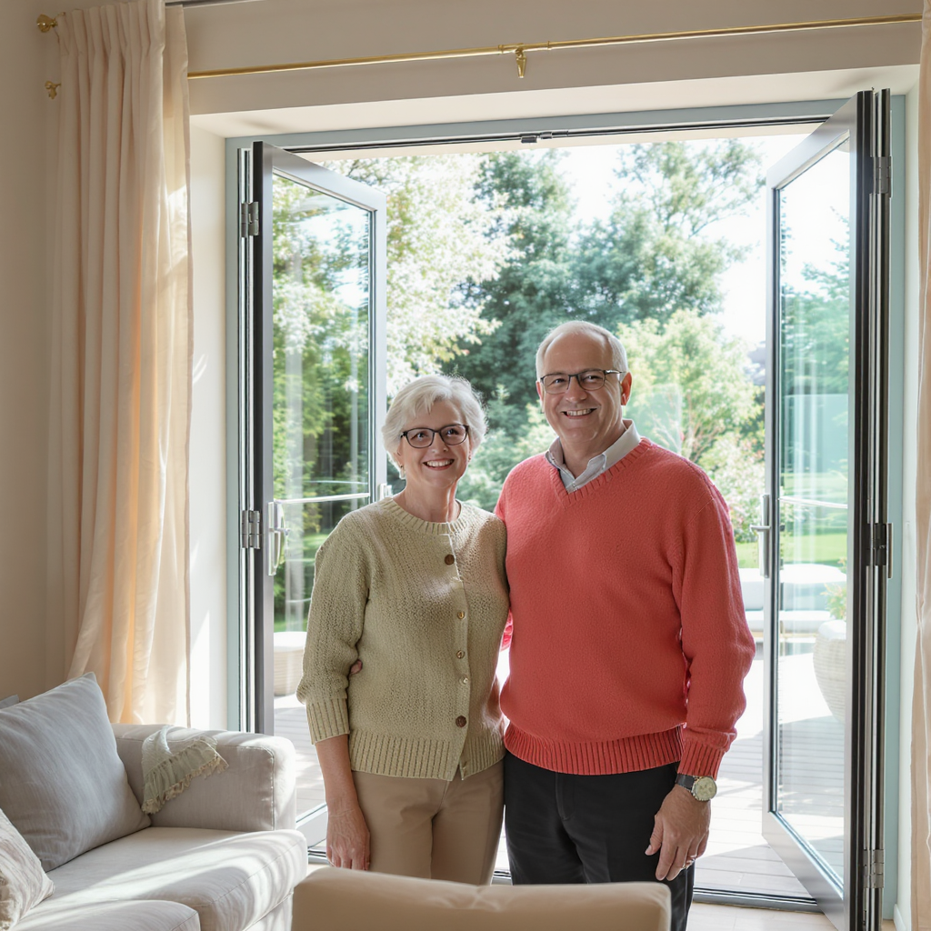 Ein älteres Paar steht lächelnd im Wohnzimmer vor einer offenen Glastür, die auf einen grünen Garten hinausführt.