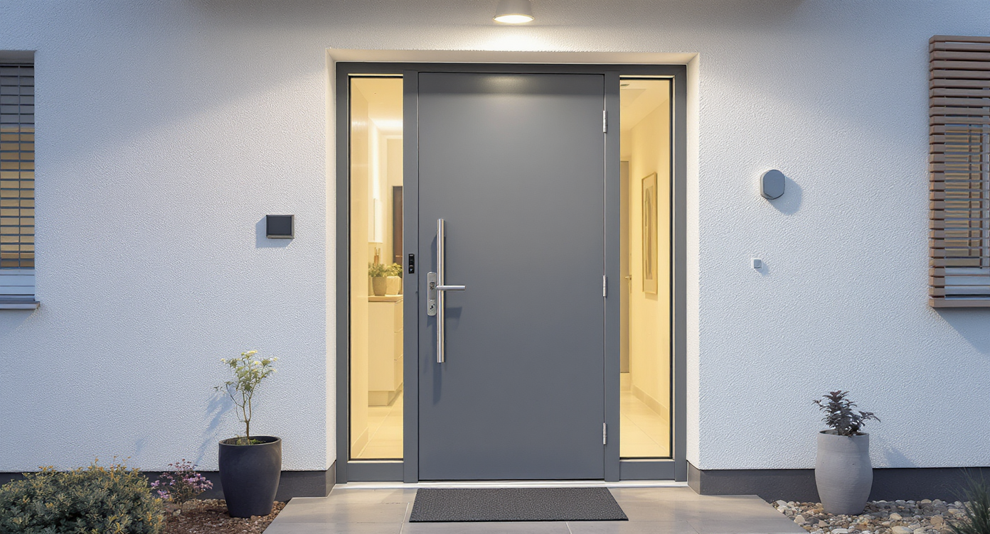 Eine moderne Haustür mit Seitenscheiben und Pflanzen auf beiden Seiten.