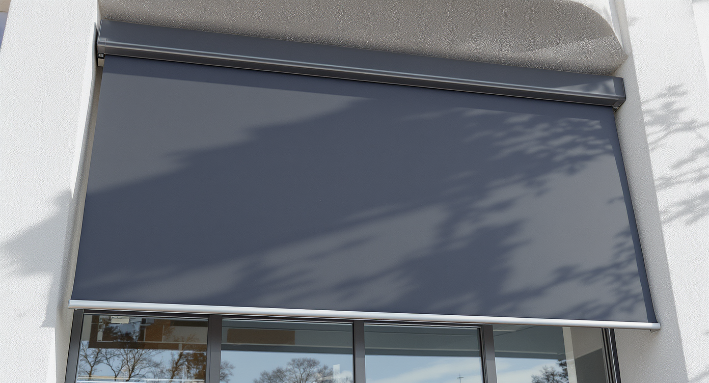 Ein dunkelblaues Markisen-Dach über einem Fenster mit sichtbaren Bäumen im Hintergrund.