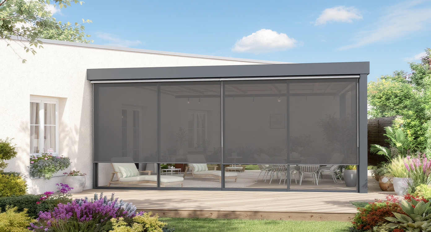 Eine moderne Terrasse mit schwarzem Markisenüberdachung, gepflanztem Garten und Sitzgelegenheiten im Hintergrund.